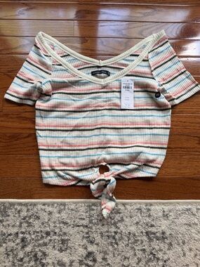 Abercrombie & Fitch Cream Striped Tie-Front Crop Top